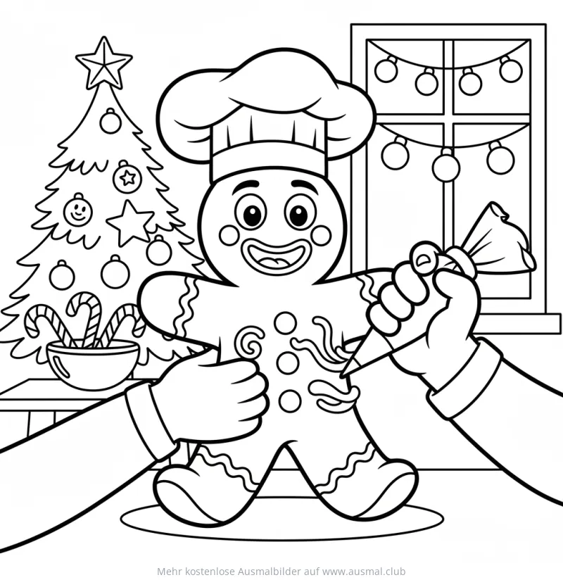 Lebkuchenmann wird dekoriert Ausmalbild