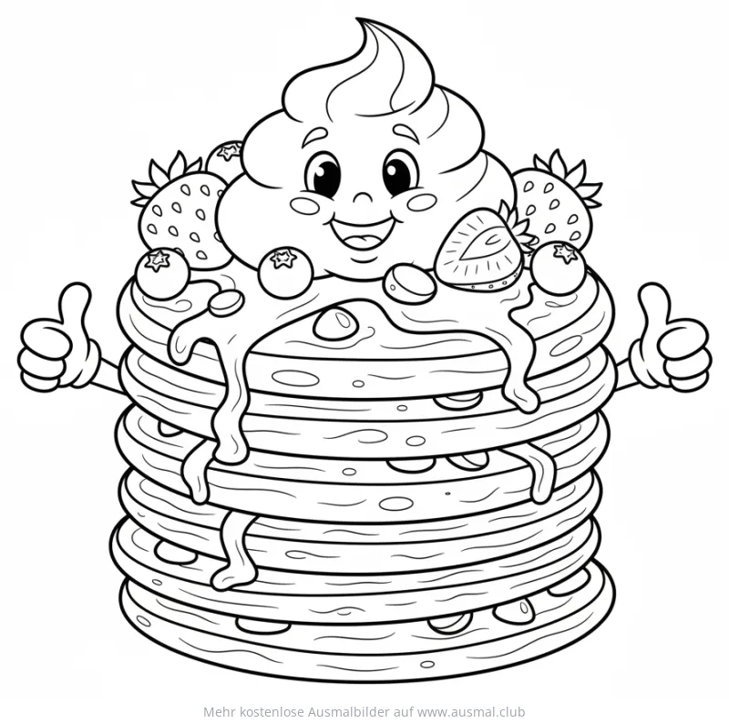 Lustiger Pfannkuchen-Turm mit Gesicht und Früchten als Ausmalbild