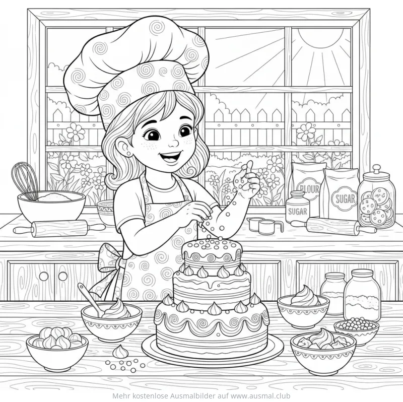 Mädchen verziert dreistöckigen Kuchen Ausmalbild
