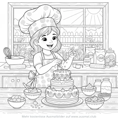 Mädchen verziert dreistöckigen Kuchen Ausmalbild