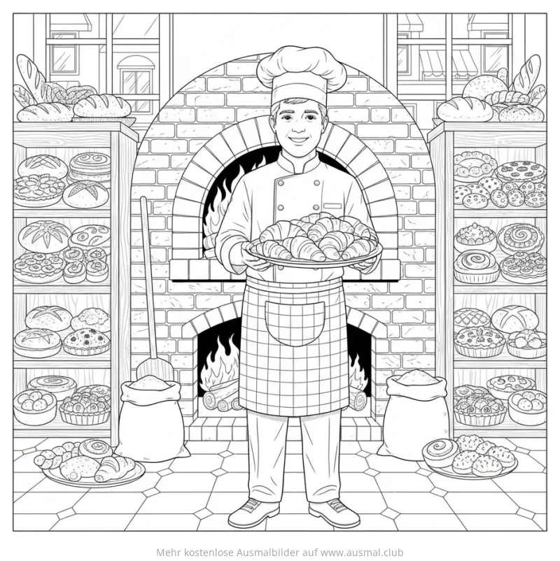 Bäcker mit Croissants vor Backofen Ausmalbild
