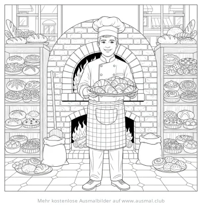 Bäcker mit Croissants vor Backofen Ausmalbild
