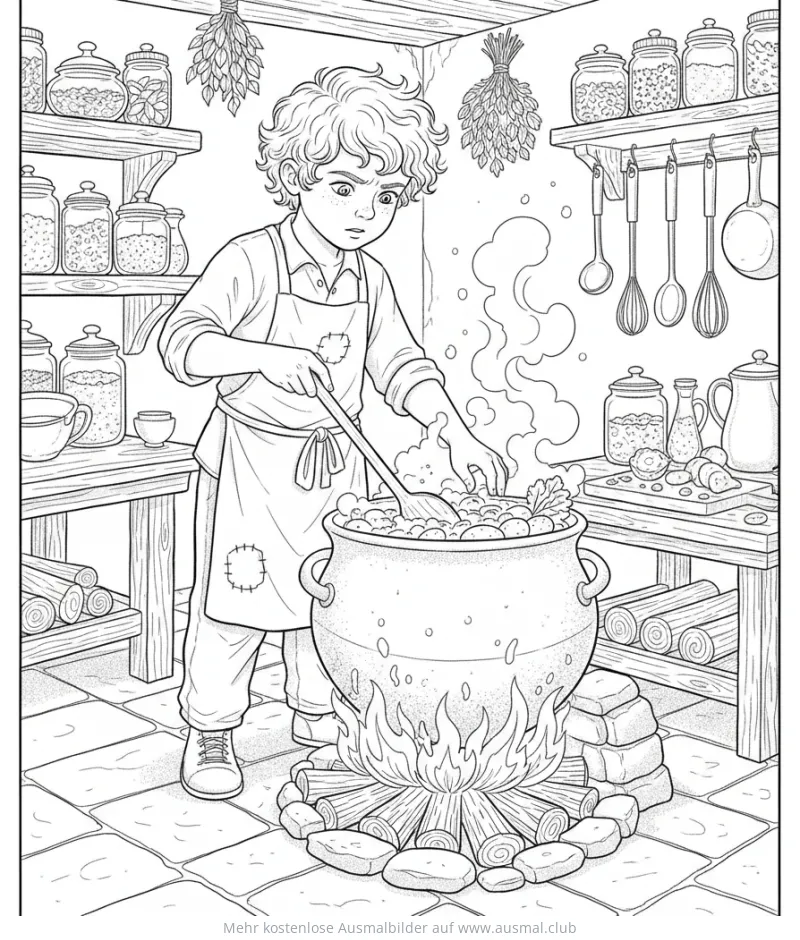 Koch rührt Suppe im Kessel Ausmalbild