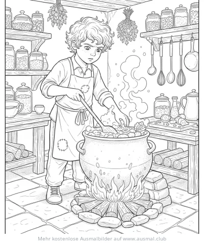 Koch rührt Suppe im Kessel Ausmalbild