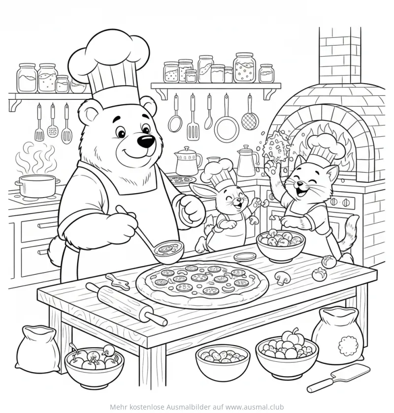 Bär, Hase und Katze backen Pizza Ausmalbild