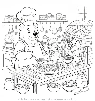 Bär, Hase und Katze backen Pizza Ausmalbild