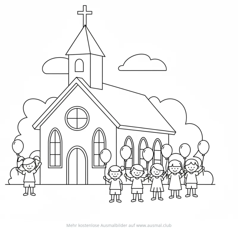 Kirche mit Kindern und Ballons Ausmalbild zur Konfirmation