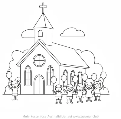 Kirche mit Kindern und Ballons Ausmalbild zur Konfirmation