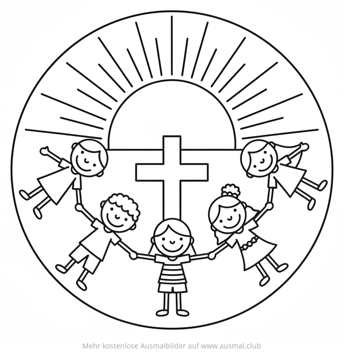 Kreuz mit Kindern und Sonne Ausmalbild