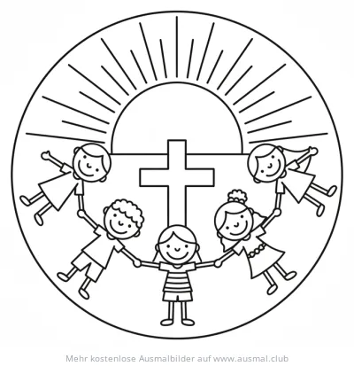 Kreuz mit Kindern und Sonne Ausmalbild