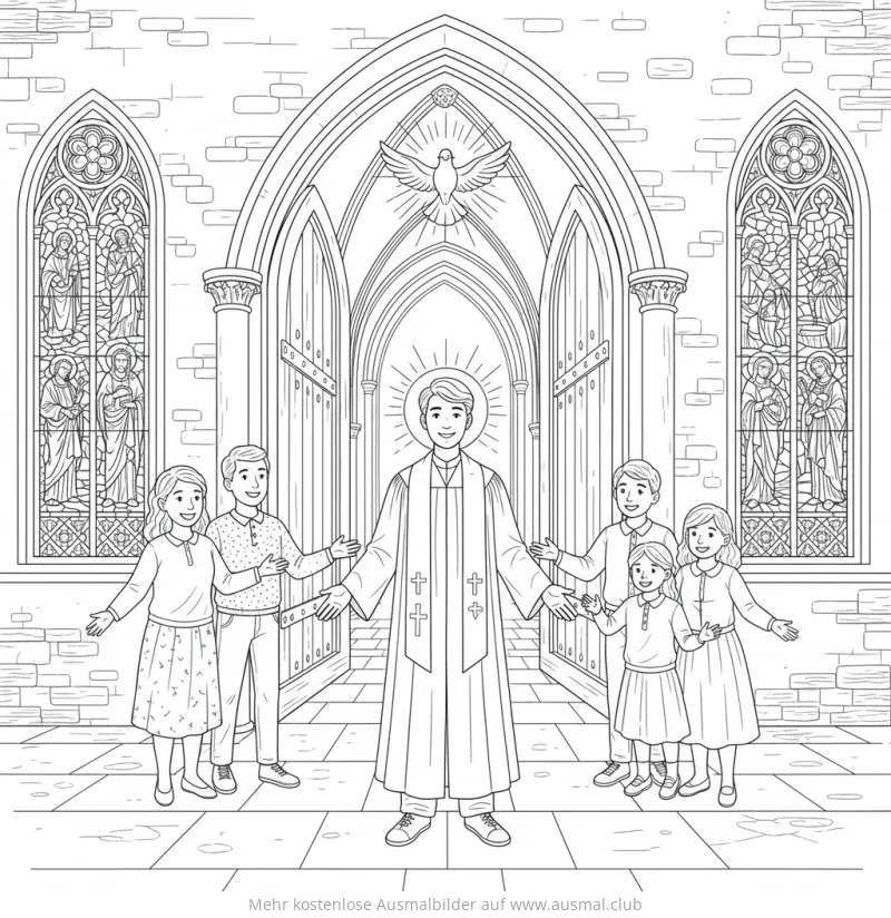 Konfirmand mit Familie in Kirche Ausmalbild