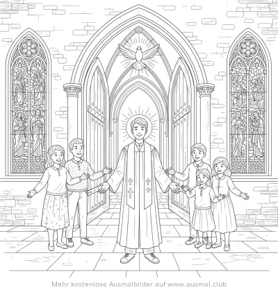Konfirmand mit Familie in Kirche Ausmalbild