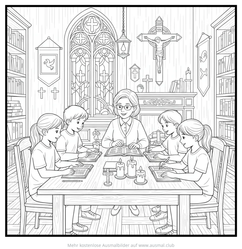 Konfirmandenunterricht Ausmalbild mit Lehrerin und Kindern