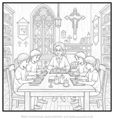 Konfirmandenunterricht Ausmalbild mit Lehrerin und Kindern