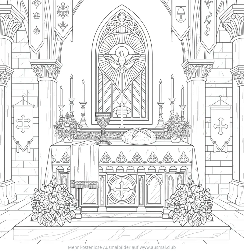 Abendmahl mit Kelch und Brot im Altarraum Ausmalbild