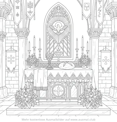 Abendmahl mit Kelch und Brot im Altarraum Ausmalbild