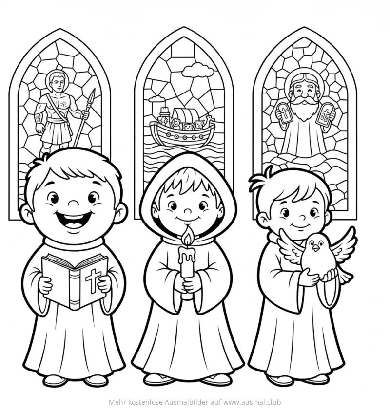 Drei Kinder im Konfirmationsgewand mit christlichen Symbolen Ausmalbild