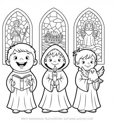Drei Kinder im Konfirmationsgewand mit christlichen Symbolen Ausmalbild