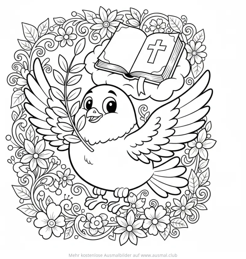 Taube mit Olivenzweig und Bibel Ausmalbild zur Konfirmation
