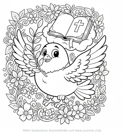 Taube mit Olivenzweig und Bibel Ausmalbild zur Konfirmation