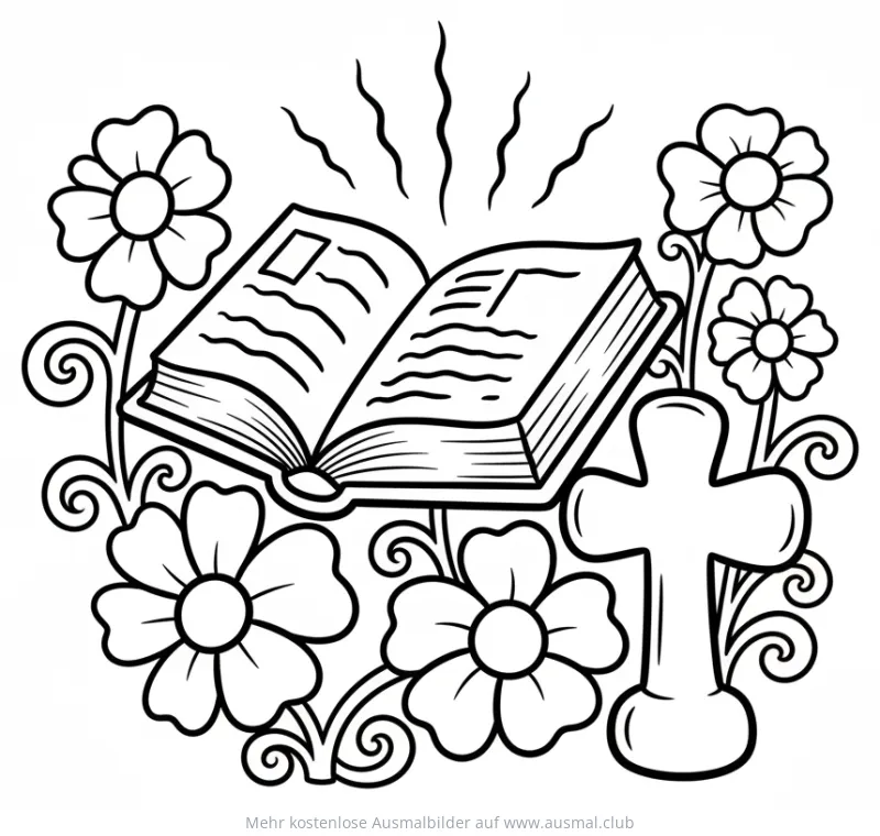 Aufgeschlagene Bibel, Kreuz und Blumen Ausmalbild