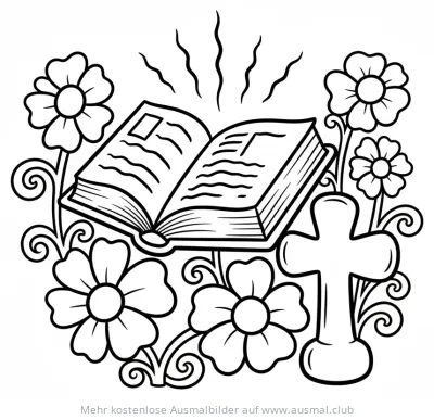 Aufgeschlagene Bibel, Kreuz und Blumen Ausmalbild
