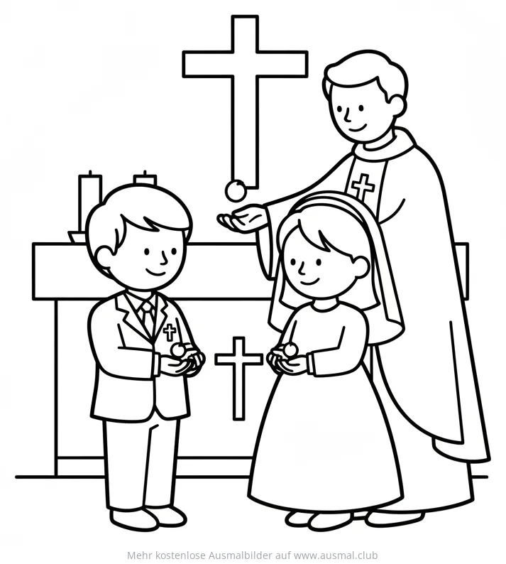 Konfirmation Ausmalbild mit Priester, Junge und Mädchen