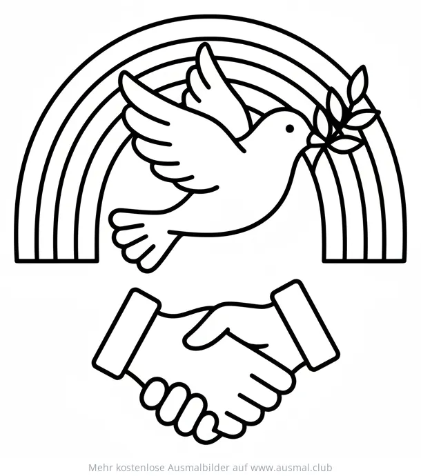 Friedenstaube mit Regenbogen und Handschlag Ausmalbild