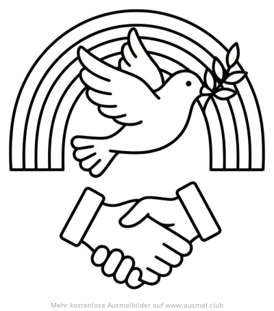 Friedenstaube mit Regenbogen und Handschlag Ausmalbild