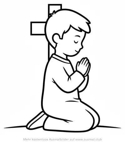 Betender Jugendlicher vor Kreuz Ausmalbild