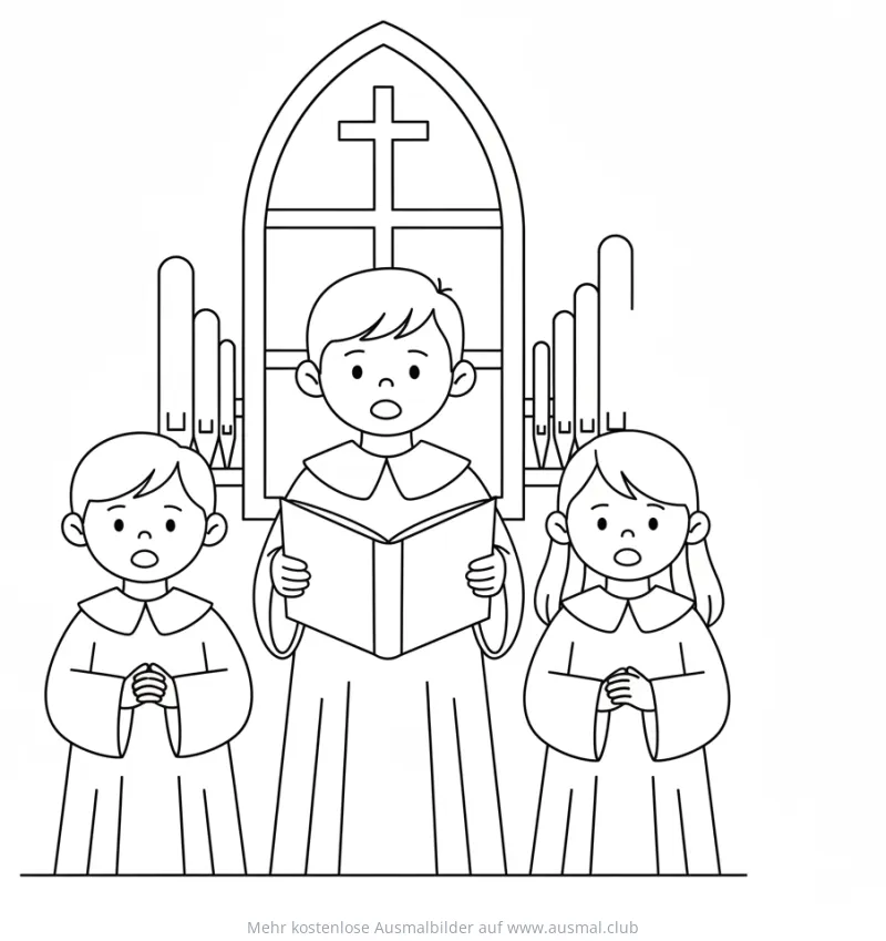 Kirchenchor mit Kindern vor Orgel und Kirchenfenster Ausmalbild