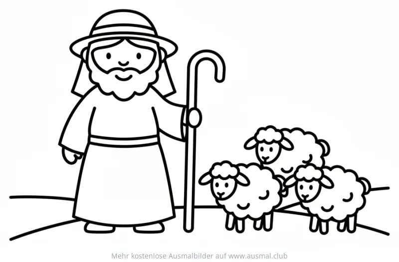Schäfer mit Hirtenstab und drei Schafen Ausmalbild