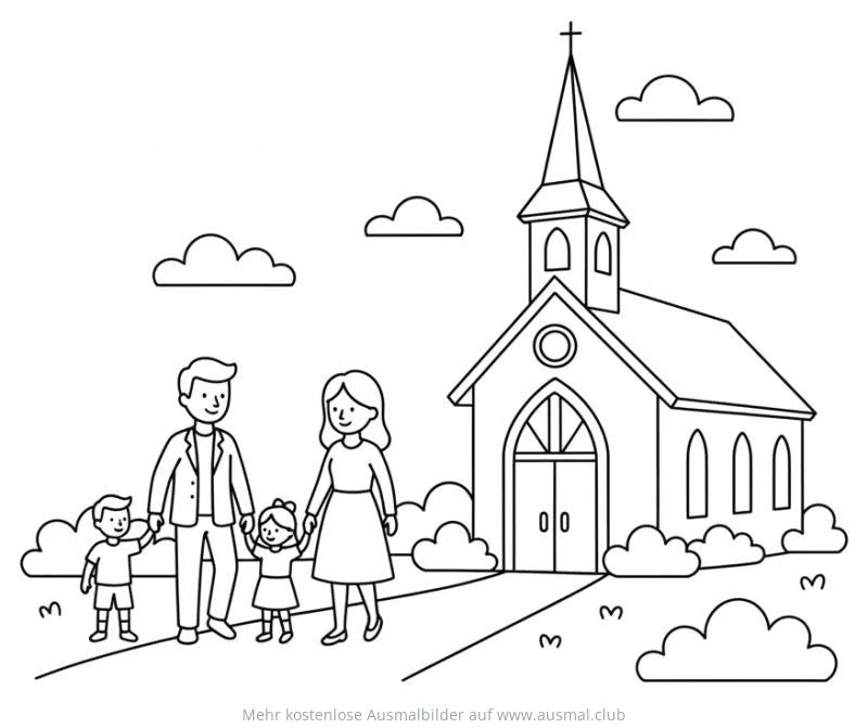 Familie vor Kirche Ausmalbild zur Konfirmation