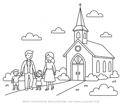 Familie vor Kirche Ausmalbild zur Konfirmation