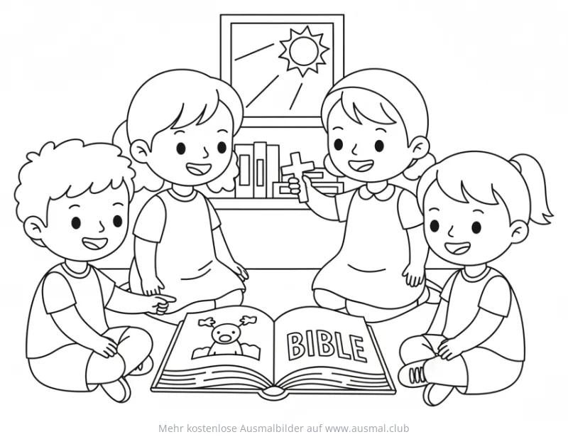 Kinder lesen in der Bibel Ausmalbild