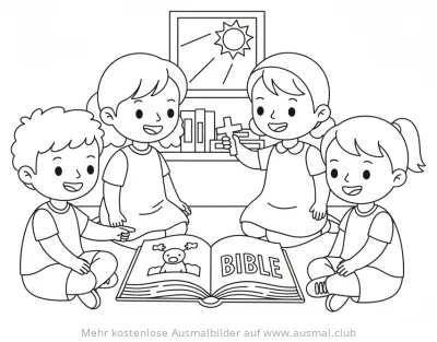 Kinder lesen in der Bibel Ausmalbild