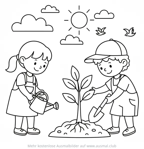 Baum pflanzen mit Kindern Ausmalbild
