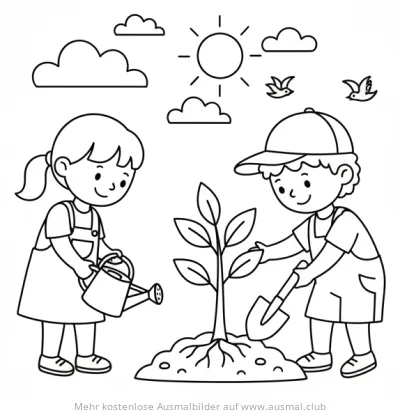 Baum pflanzen mit Kindern Ausmalbild