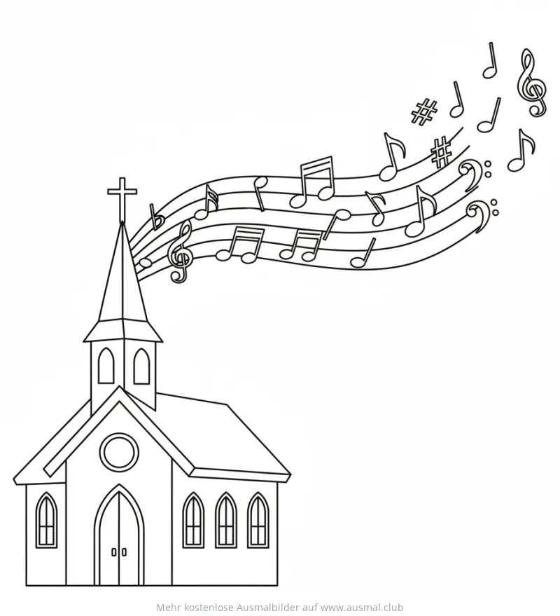 Kirche mit aufsteigenden Noten Ausmalbild