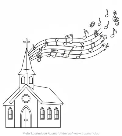 Kirche mit aufsteigenden Noten Ausmalbild