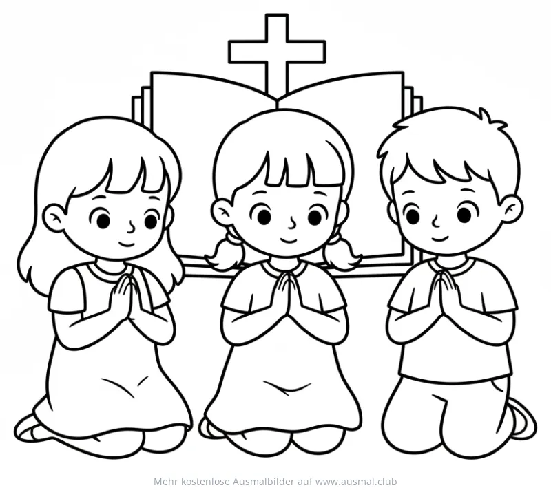 Betende Kinder vor Bibel und Kreuz Ausmalbild