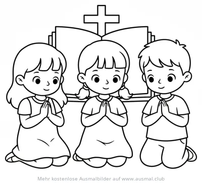 Betende Kinder vor Bibel und Kreuz Ausmalbild