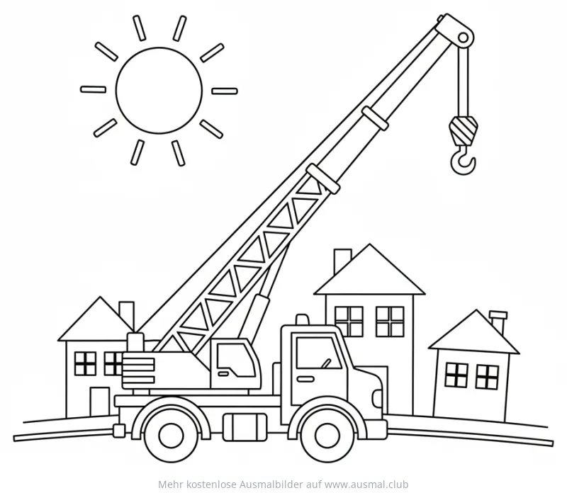 Mobilkran Ausmalbild vor Häusern mit Sonnenschein