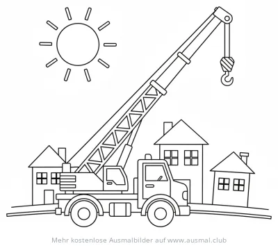 Mobilkran Ausmalbild vor Häusern mit Sonnenschein
