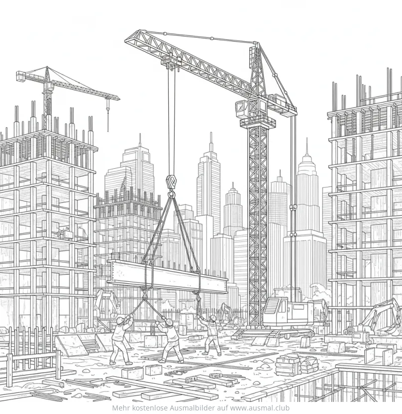 Kran Ausmalbild auf einer Baustelle mit Arbeitern und Wolkenkratzern