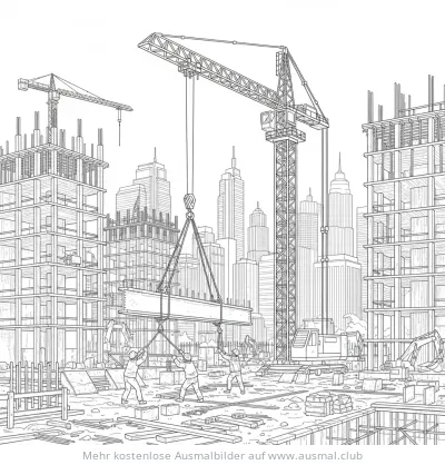 Kran Ausmalbild auf einer Baustelle mit Arbeitern und Wolkenkratzern