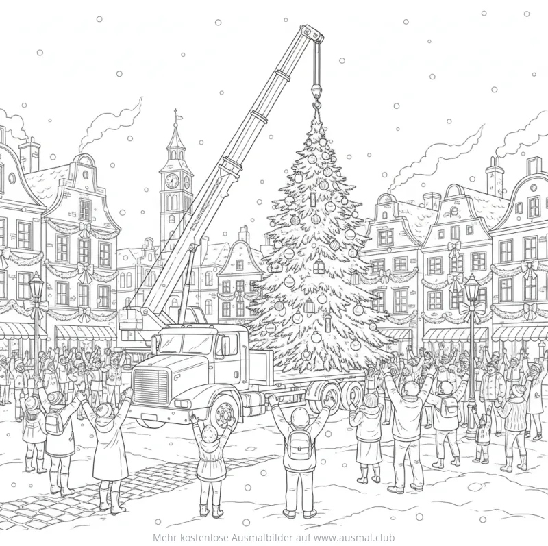 Kran hievt Weihnachtsbaum auf Tieflader Ausmalbild