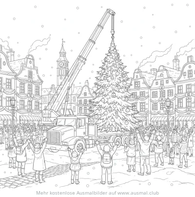 Kran hievt Weihnachtsbaum auf Tieflader Ausmalbild