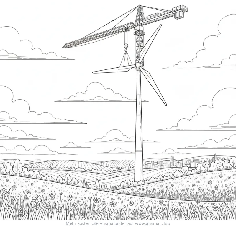 Kran beim Aufbau eines Windrads Ausmalbild