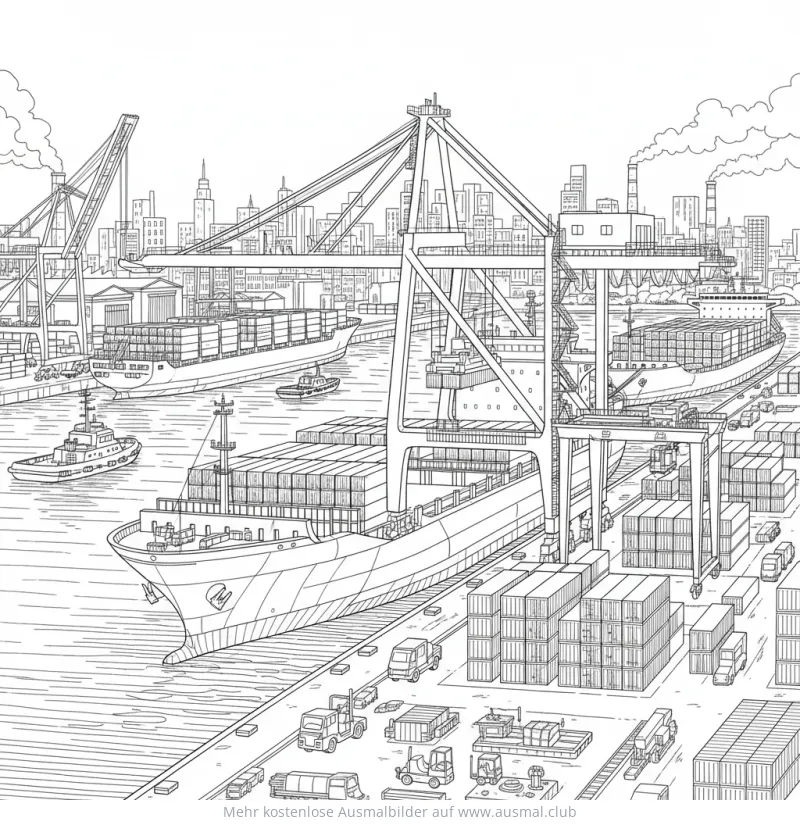 Hafen mit Containerschiffen und Kran Ausmalbild